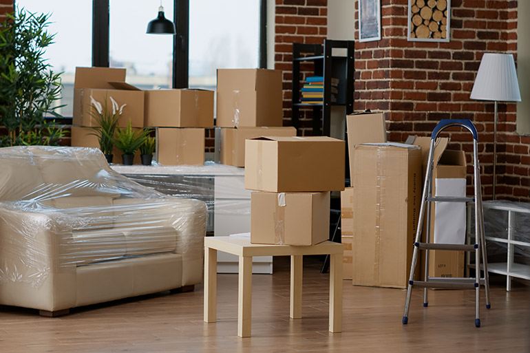 household space with cardboard boxes used for relocation
