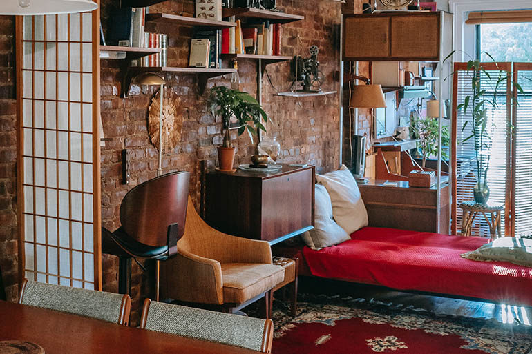 cozy room with brick wall and vintage furniture