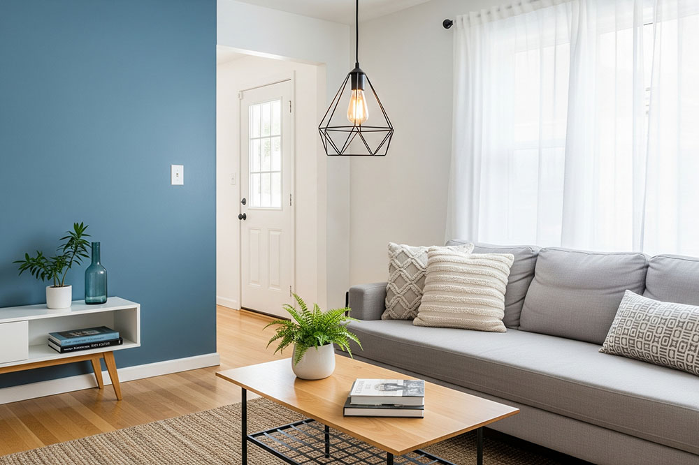 Bright modern living room with blue accent wall, grey sofa, stylish pendant light, and plants
